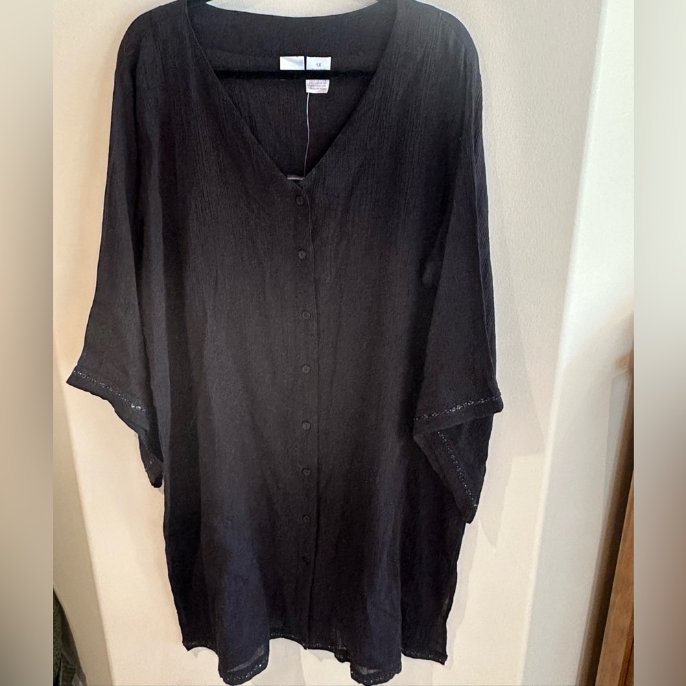 ROMAN'S size 1X Black Cotton Cover-Up Kaftan Sequined Flair Sleeve NEW $89